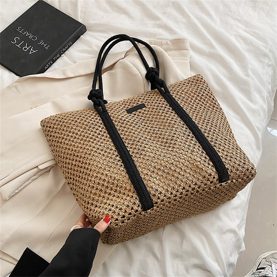 Sac à main en paille tissé avec anses pour femmes