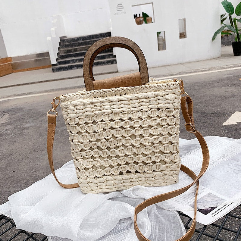 Sac à bandoulière tissé rétro pour femmes avec anse en bois
