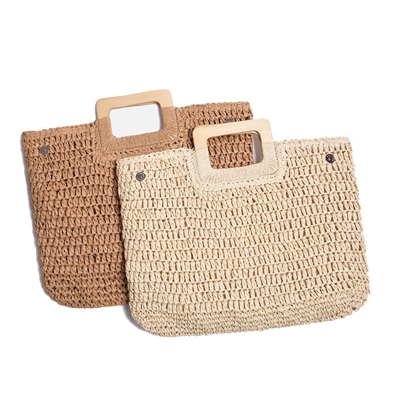 Sac à main fourre-tout en paille tissée et anses en bois pour femmes