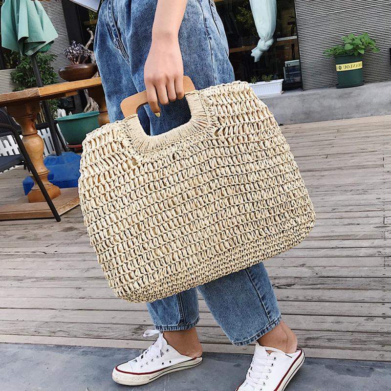 Sac à main fourre-tout en paille tissée et anses en bois pour femmes