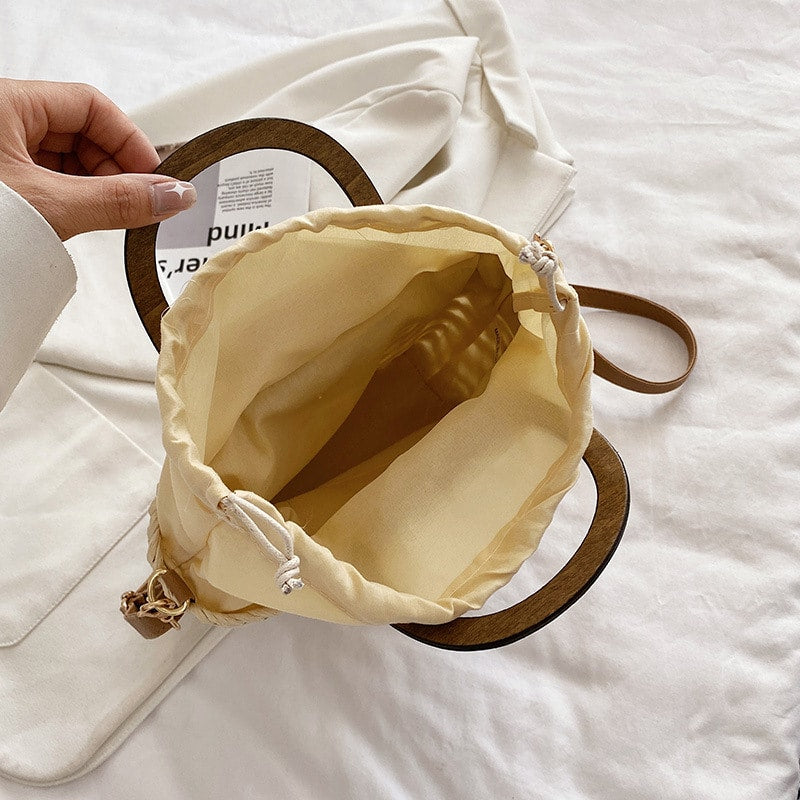Sac à bandoulière tissé rétro pour femmes avec anse en bois