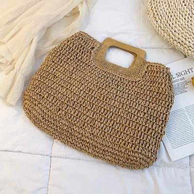 Sac à main fourre-tout en paille tissée et anses en bois pour femmes