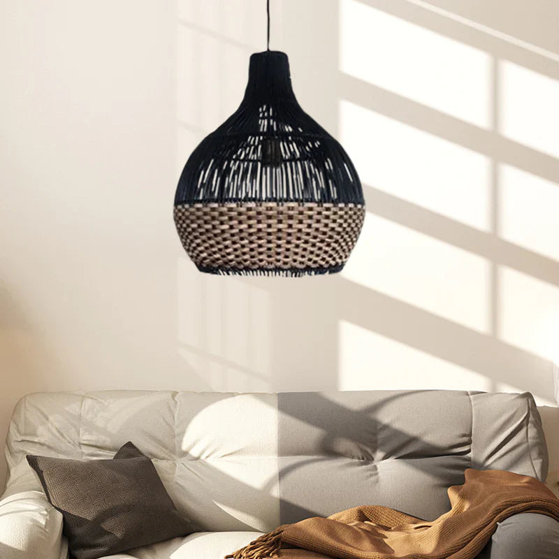 Suspension rotin boule bicolore noir naturel | Duoa