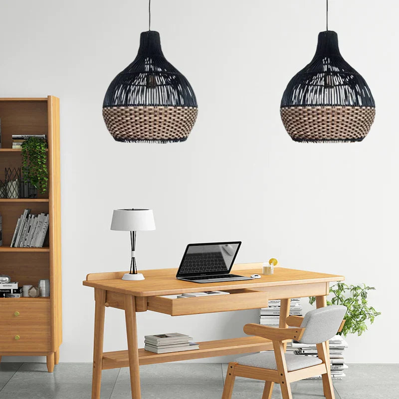 Suspension rotin boule bicolore noir naturel | Duoa