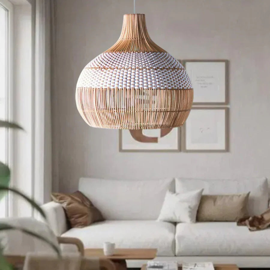 Suspension rotin tressé bicolore blanc naturel | Liova