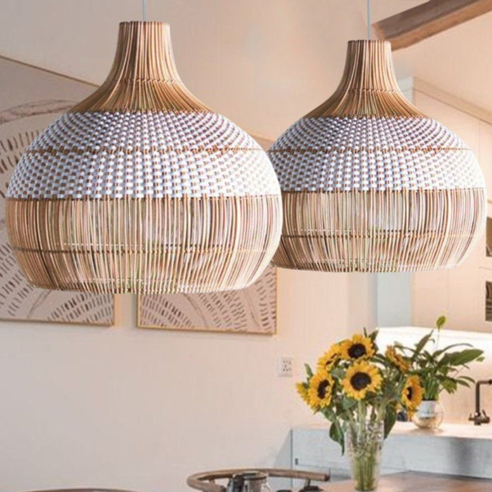 Suspension rotin tressé bicolore blanc naturel | Liova