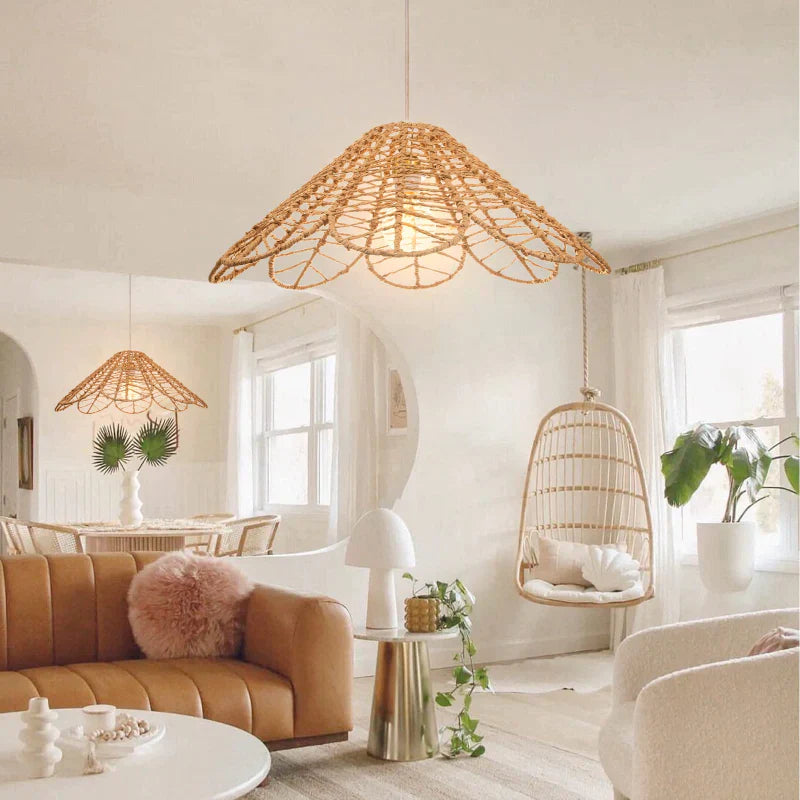 Suspension rotin chapeau ajouré festonné naturel | Ondea