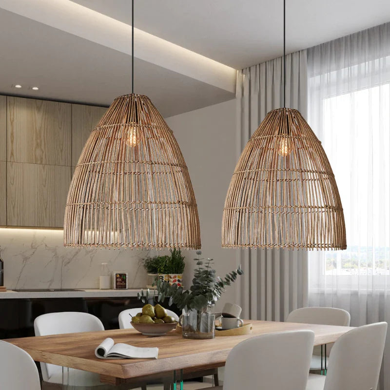 Suspension rotin cloche ajourée verticale naturel | Vela