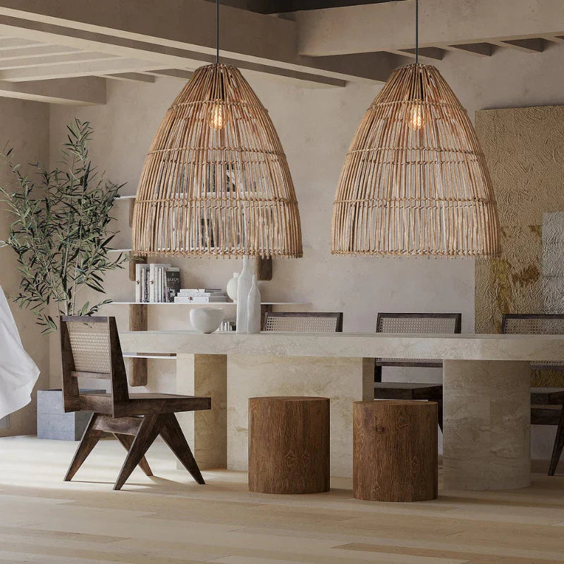 Suspension rotin cloche ajourée verticale naturel | Vela