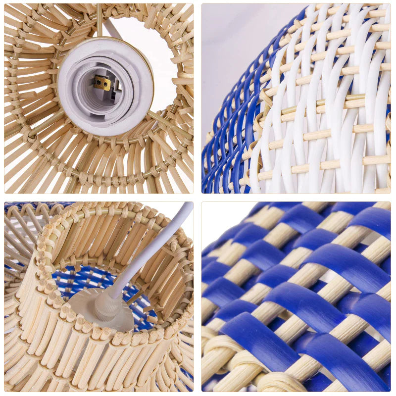 Suspension rotin boule tressée tricolore bleu blanc naturel | Rivoa