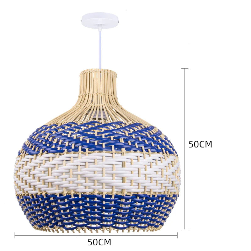 Suspension rotin boule tressée tricolore bleu blanc naturel | Rivoa