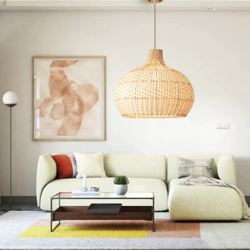 Suspension rotin forme vase tressé bicolore blanc naturel | Beloa