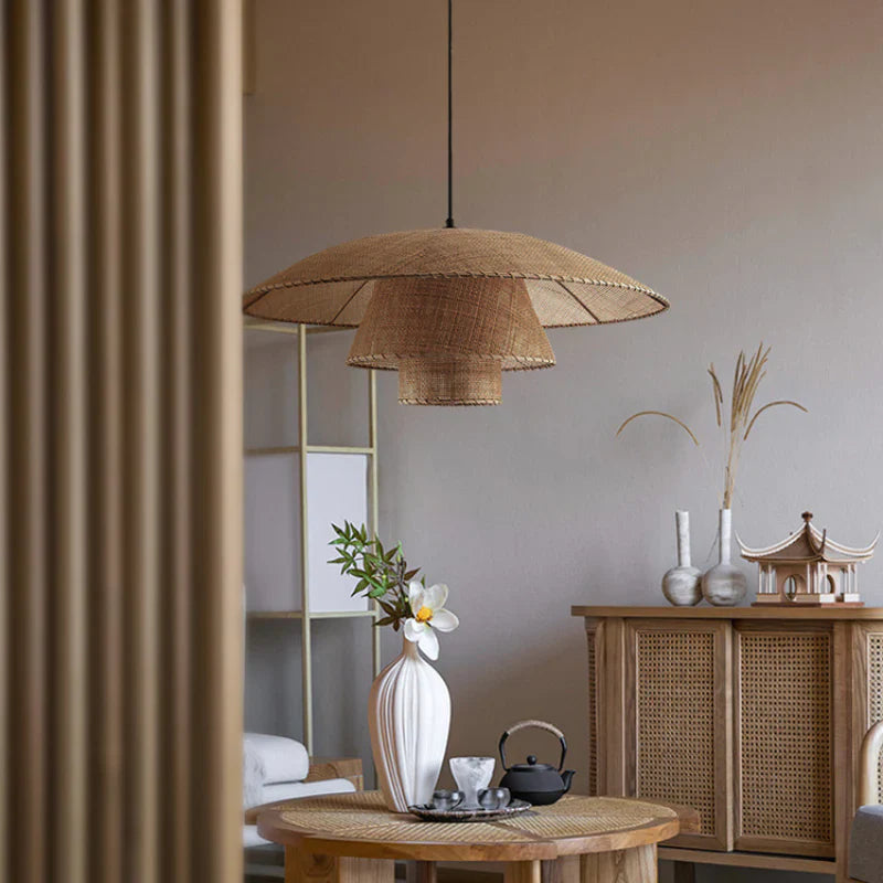 Suspension rotin cannage étagée chapeau large naturel | Soloa