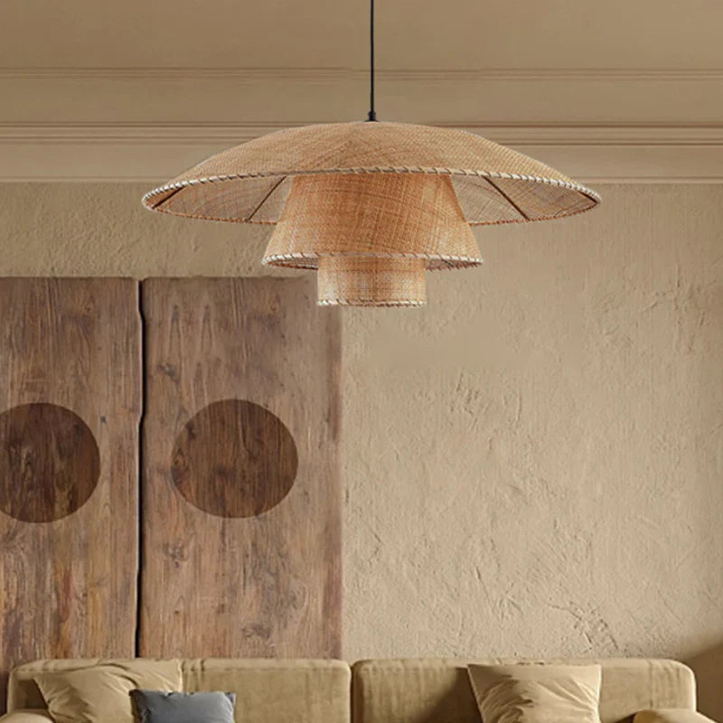 Suspension rotin cannage étagée chapeau large naturel | Soloa