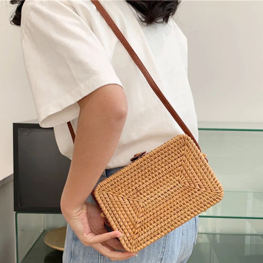 Sac à main rectangulaire en rotin pour femmes