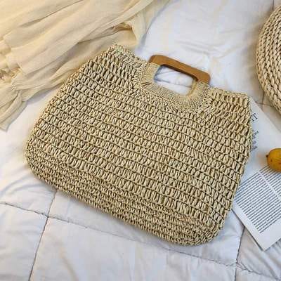 Sac à main fourre-tout en paille tissée et anses en bois pour femmes