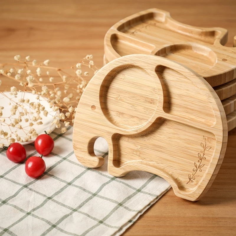 Assiette Bambou en Forme d’Éléphant avec Cuillère pour Enfant