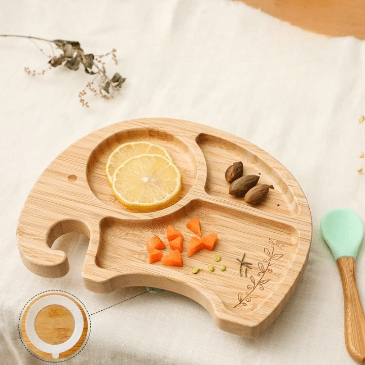 Assiette Bambou en Forme d’Éléphant avec Cuillère pour Enfant