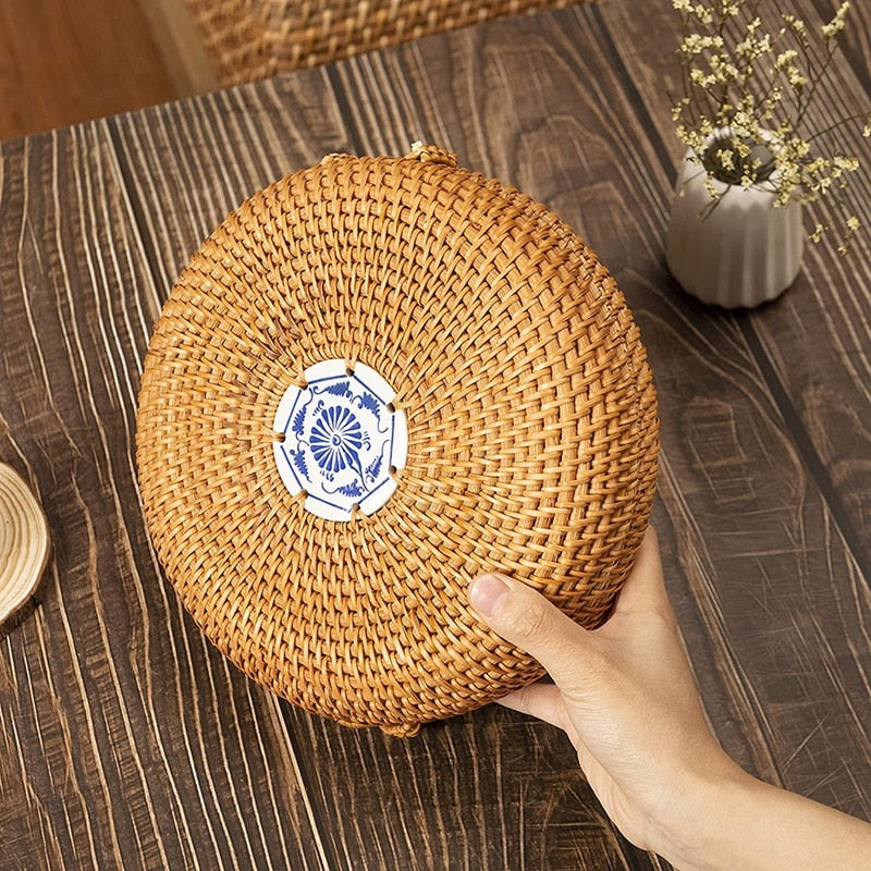 Boîte à bijoux ronde tissée en rotin