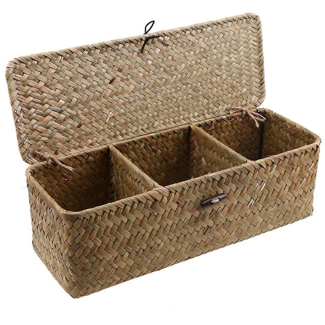 Boîte de rangement à 3 compartiments en rotin et osier avec couvercle