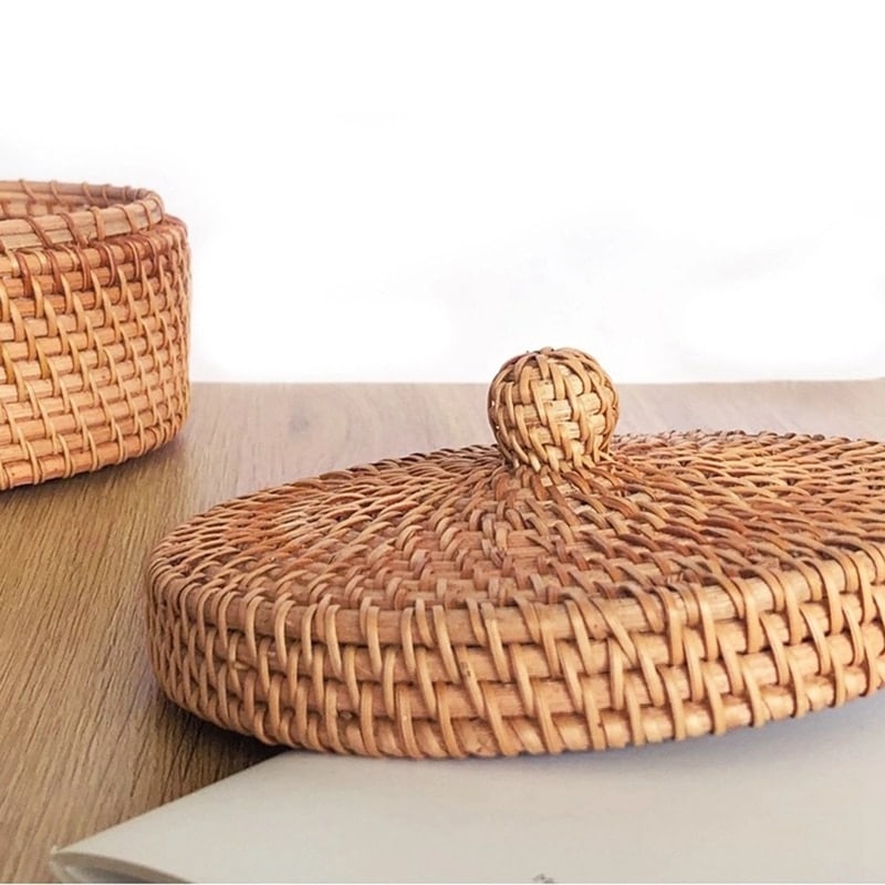 Boîte de rangement à biscuit en rotin tissé à la main avec couvercle