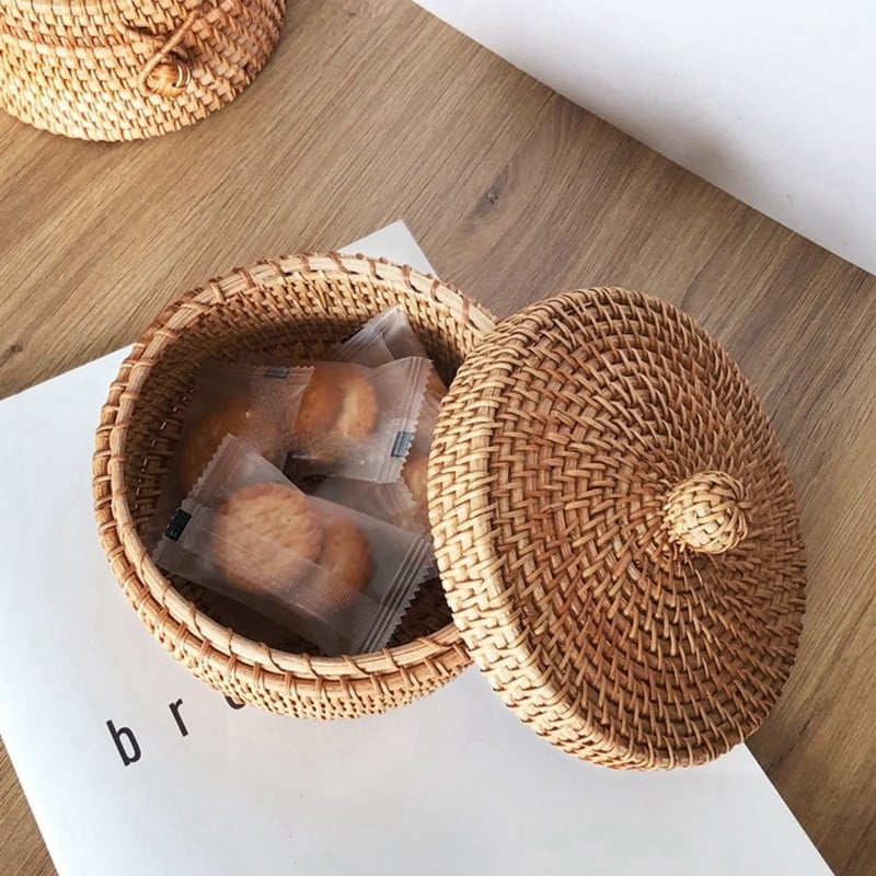 Boîte de rangement à biscuit en rotin tissé à la main avec couvercle