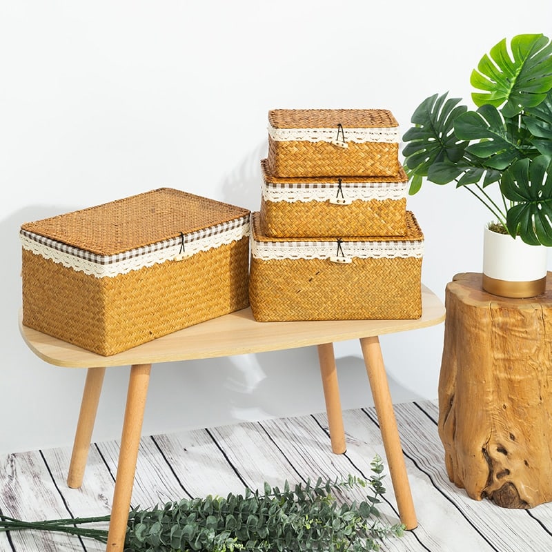 Boîte de rangement en rotin tissé avec couvercle