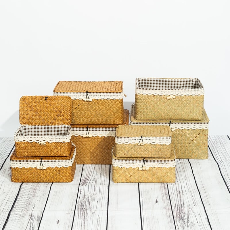 Boîte de rangement en rotin tissé avec couvercle
