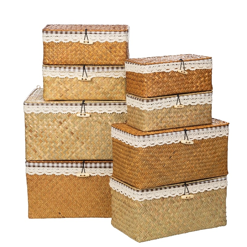 Boîte de rangement en rotin tissé avec couvercle