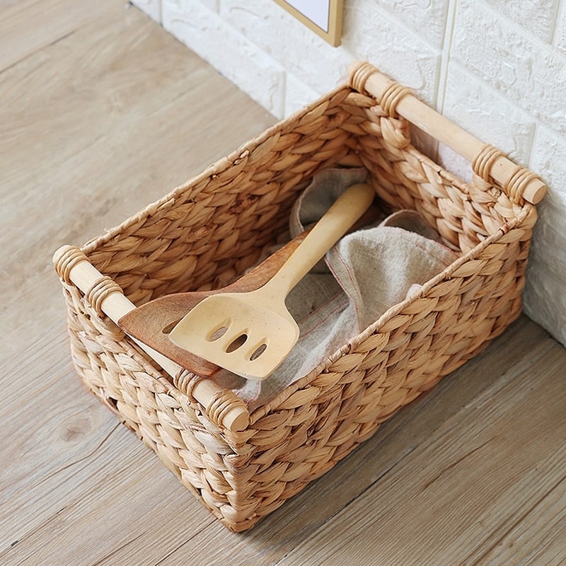 Boîte de rangement en rotin tissée avec poignées