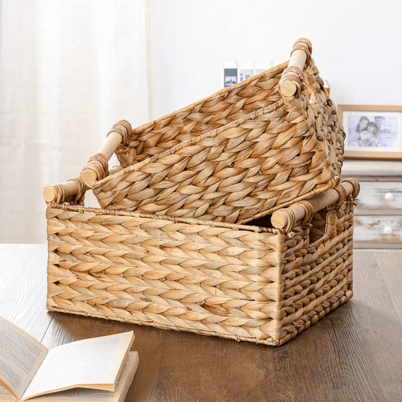Boîte de rangement en rotin tissée avec poignées