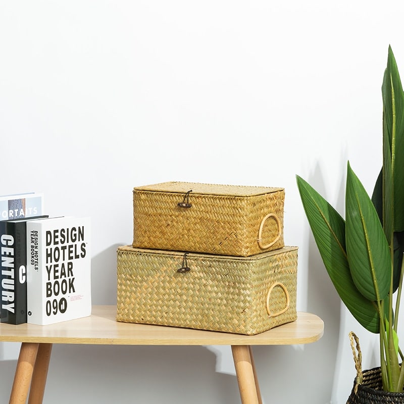 Boîte de rangement rectangulaire en rotin avec poignée