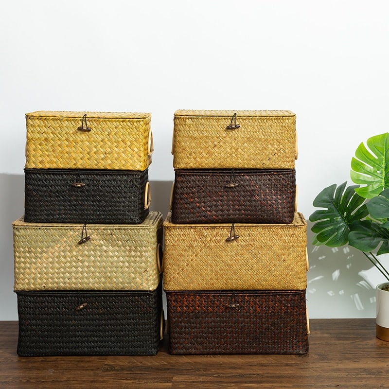 Boîte de rangement rectangulaire en rotin avec poignée