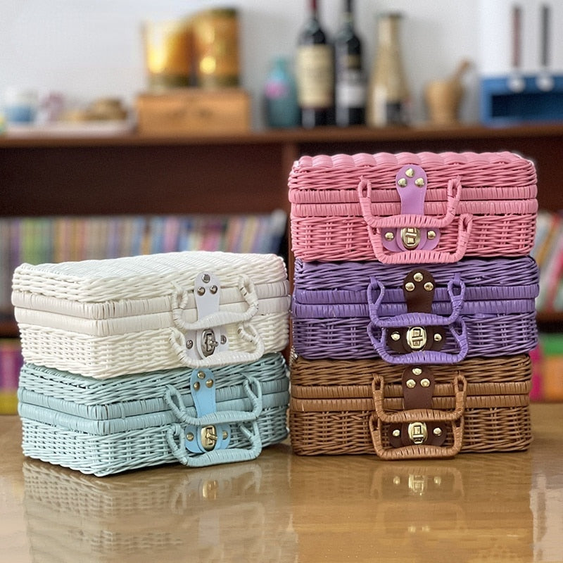 Coffre à jouet en rotin marron façon valise rétro