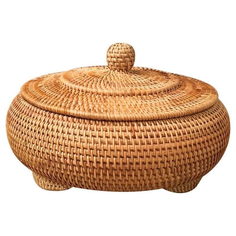 Corbeille ronde en rotin avec couvercle tissé à la main