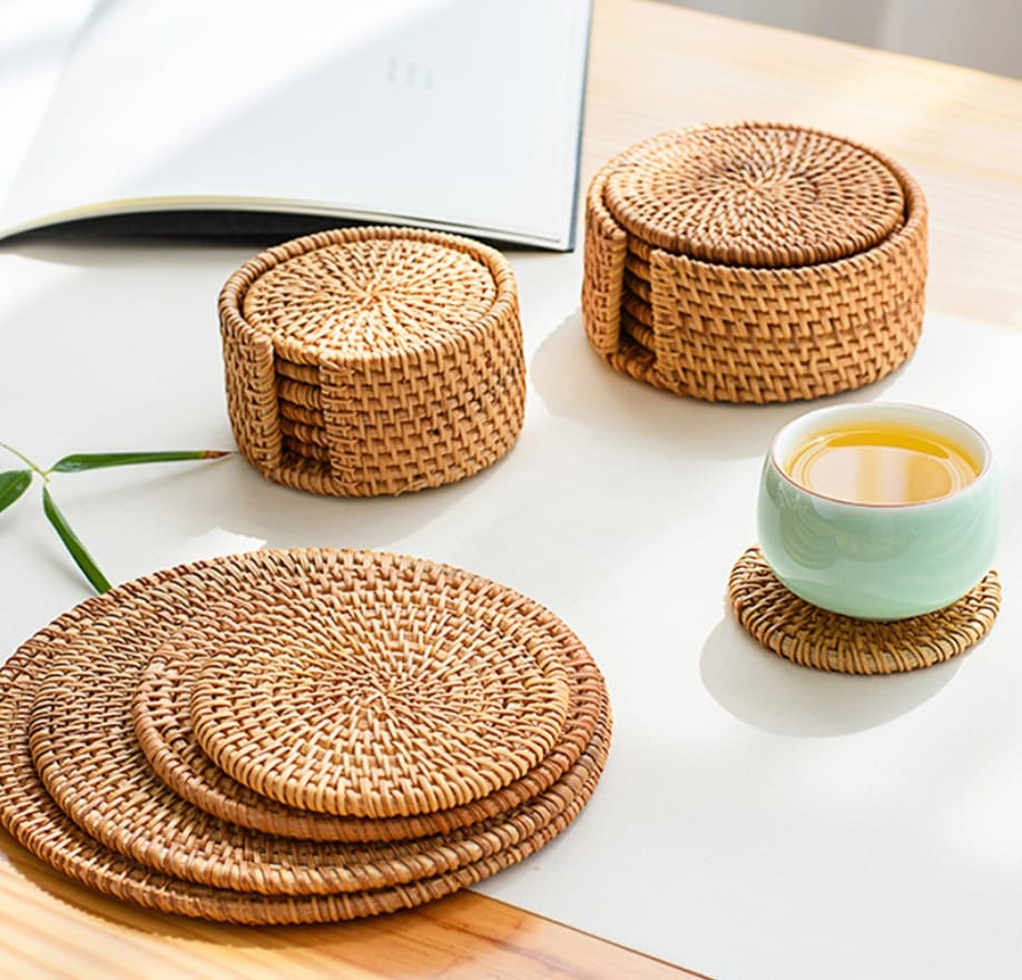 Dessous de verre rond en rotin naturel, 4 pièces