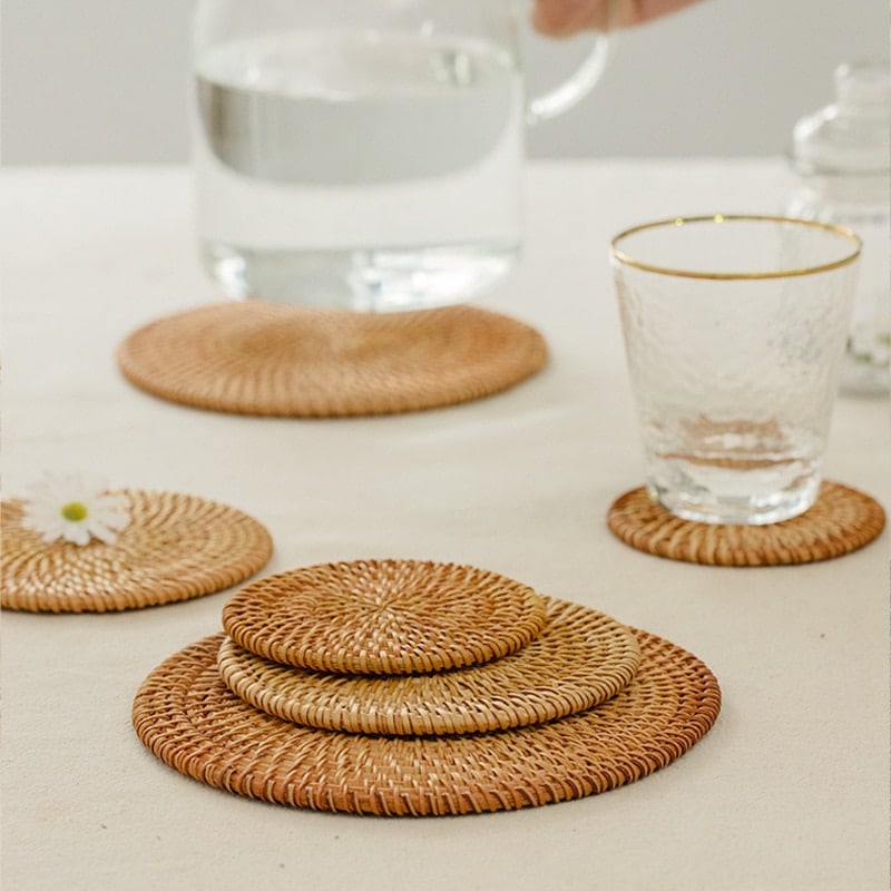 Dessous de verre rond en rotin naturel, 6 pièces