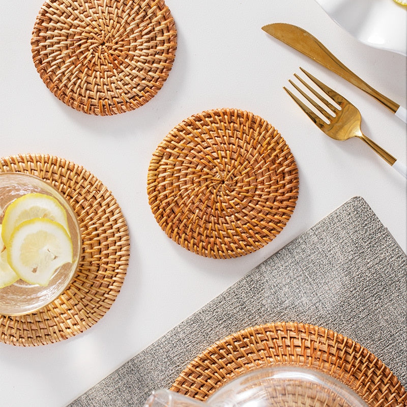Dessous de verre rond en rotin naturel, 6 pièces