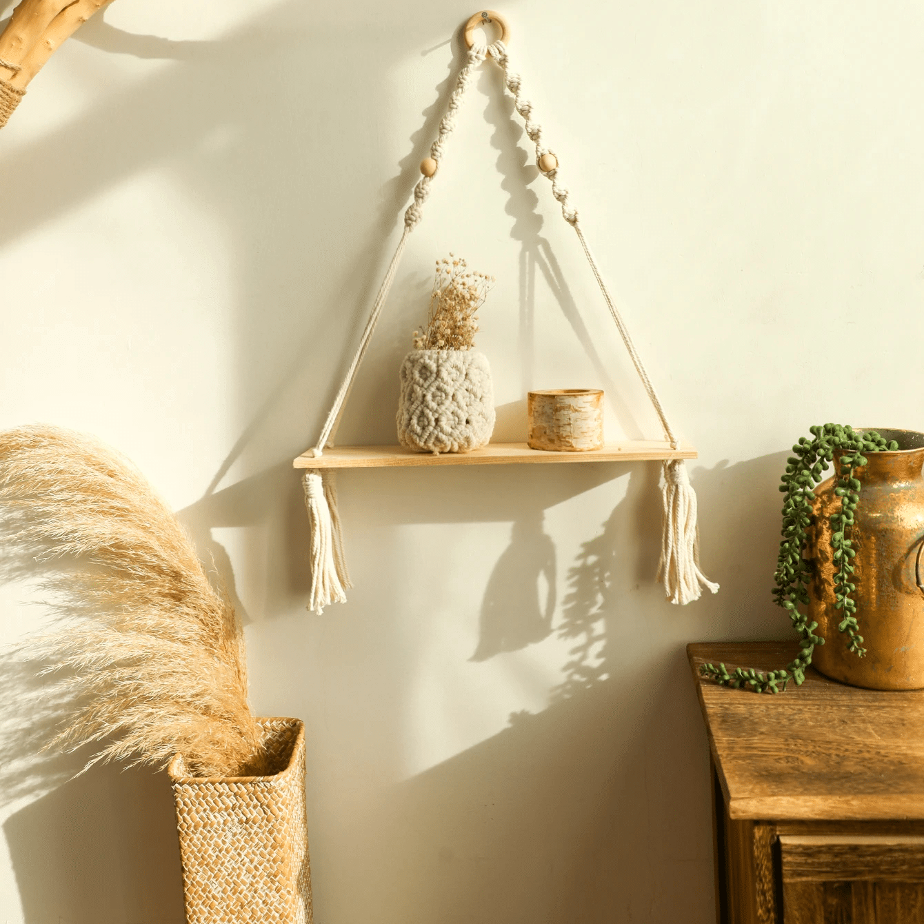 Étagère Bois à Suspendre de Style Bohème avec Macramé