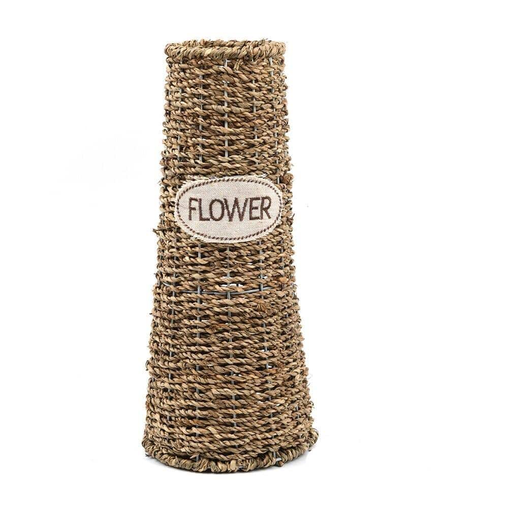 Grand vase à fleurs droit en rotin avec inscription Flower