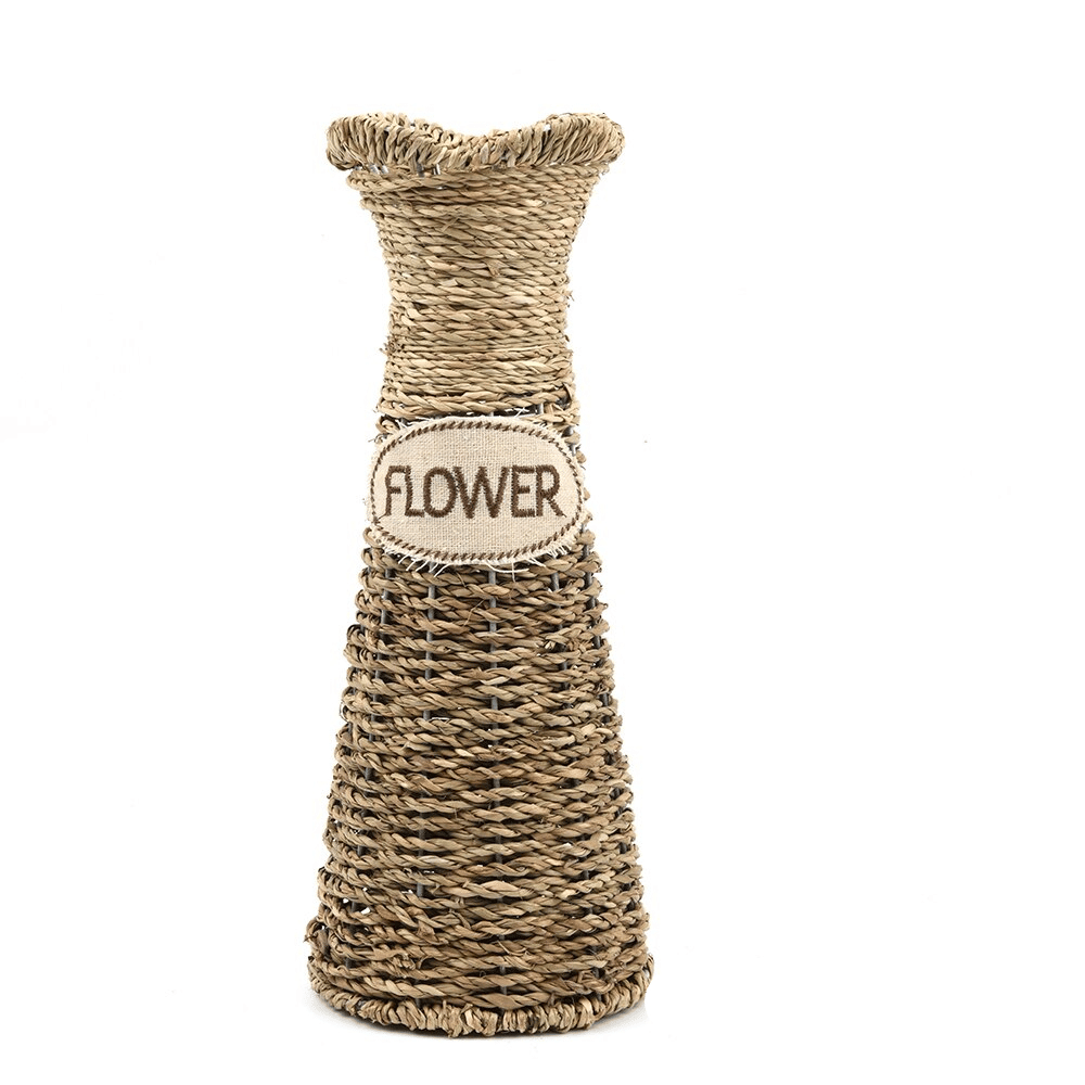 Grand vase à fleurs en rotin avec inscription « Fleur »
