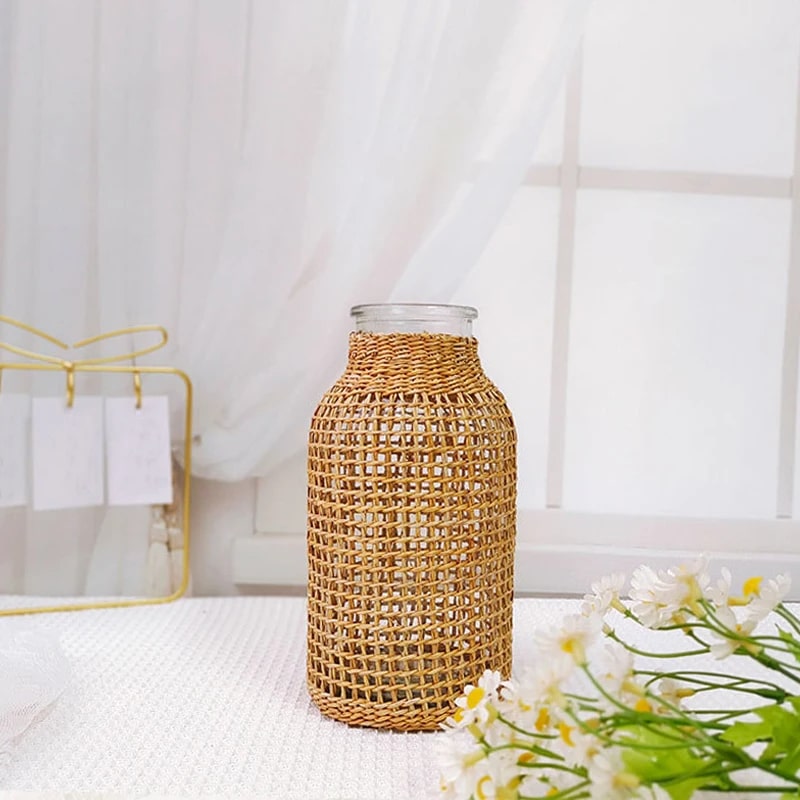 Grand Vase en Osier avec Verre