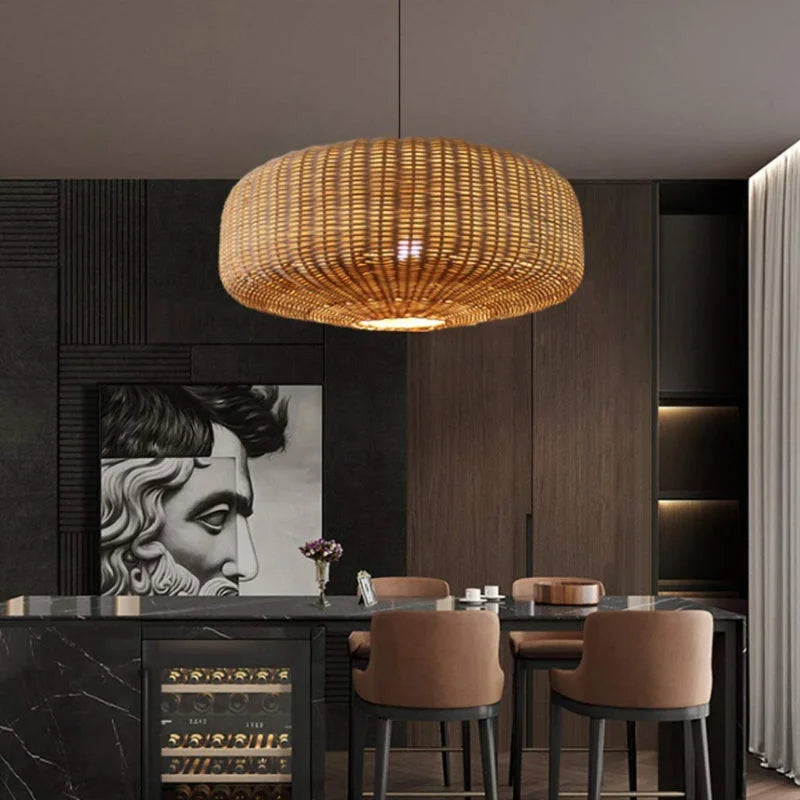 Suspension rotin forme tambour tressé naturel | Rondo