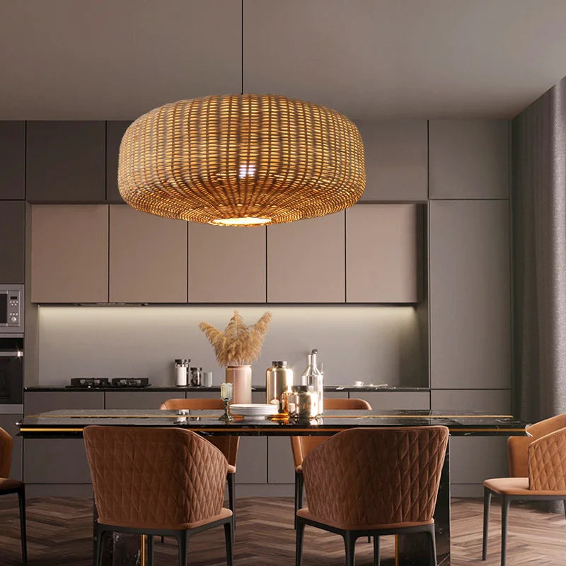 Suspension rotin forme tambour tressé naturel | Rondo