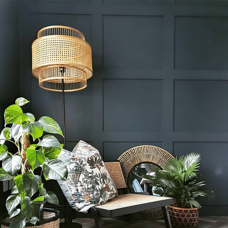 Lampadaire en rotin double abat-jour