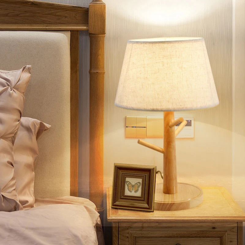 Lampe de Chevet Bois LED avec Abat Jour en Tissu