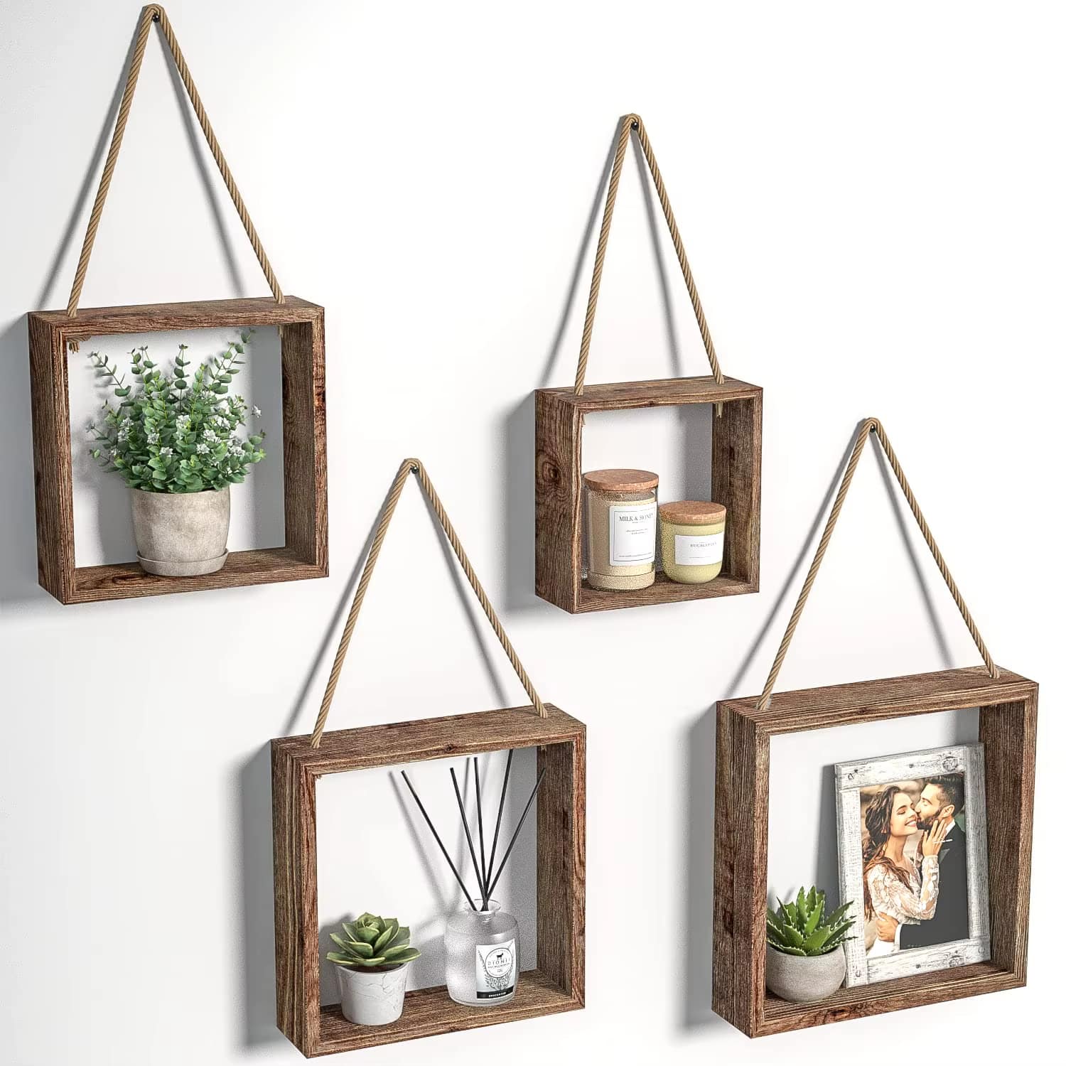 Lot de 4 Présentoirs Muraux et Carrés en Bois