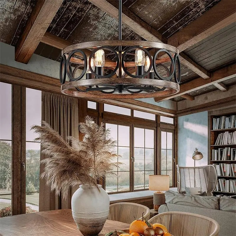 Lustre en Bois Circulaire de Style Vintage