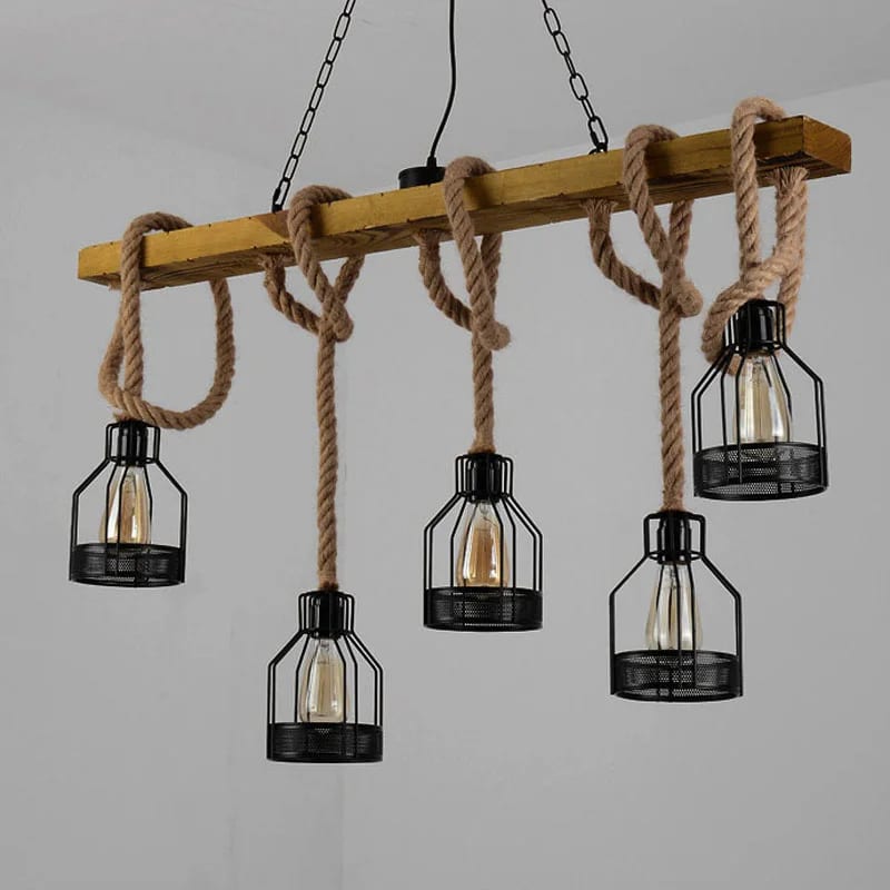 Lustre en Bois LED de Style Industriel avec Corde