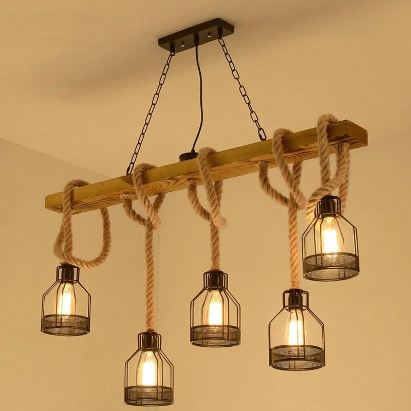 Lustre en Bois LED de Style Industriel avec Corde
